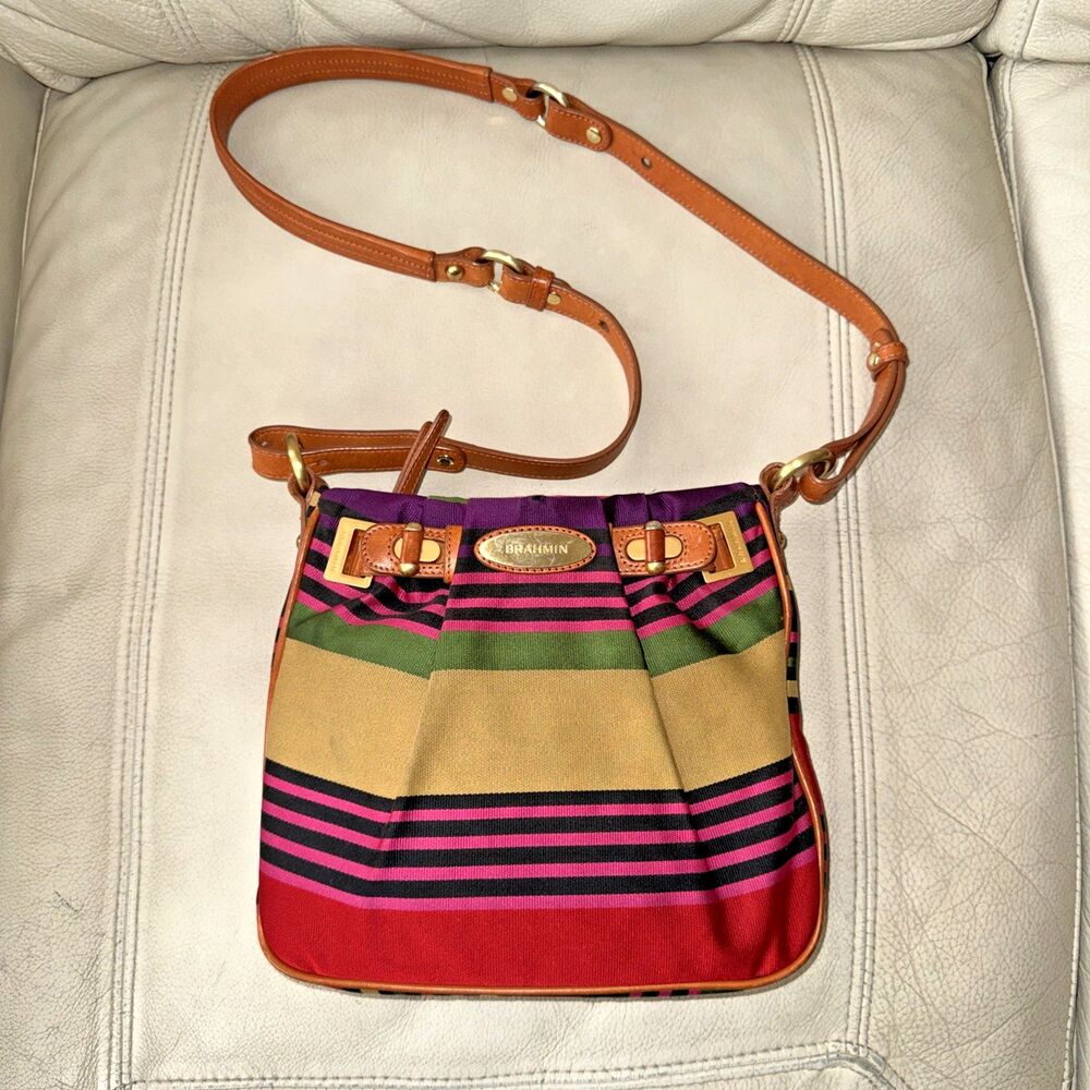Vintage Brahmin Crossbody Bag Canvas Stripes Leather Strap Multicolor